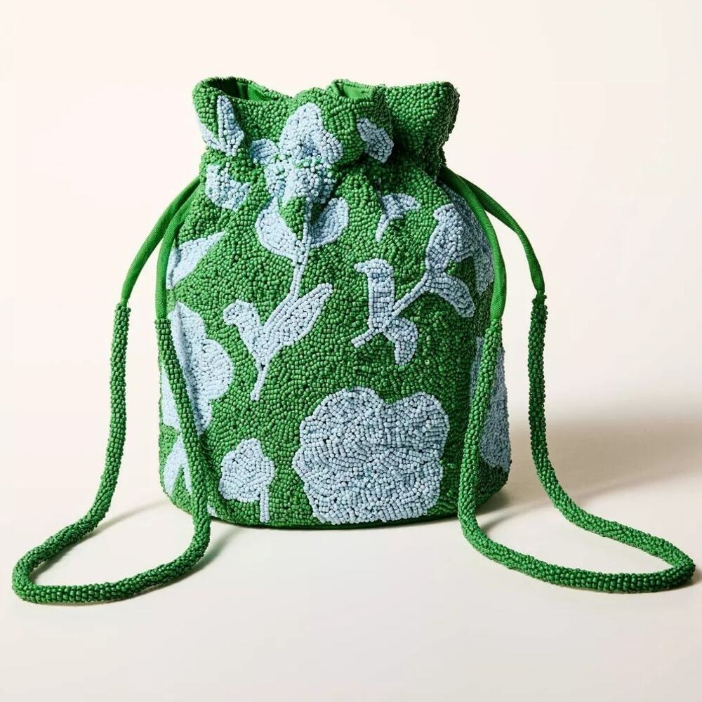 NWT Kate Spade x Target Beaded Classic Rose Drawstring Bucket Bag Green/Blue